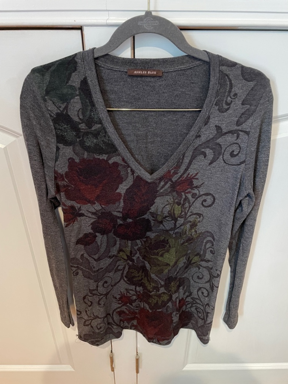 Ashley Blue Charcoal V-Neck Long Sleeve Floral Tunic